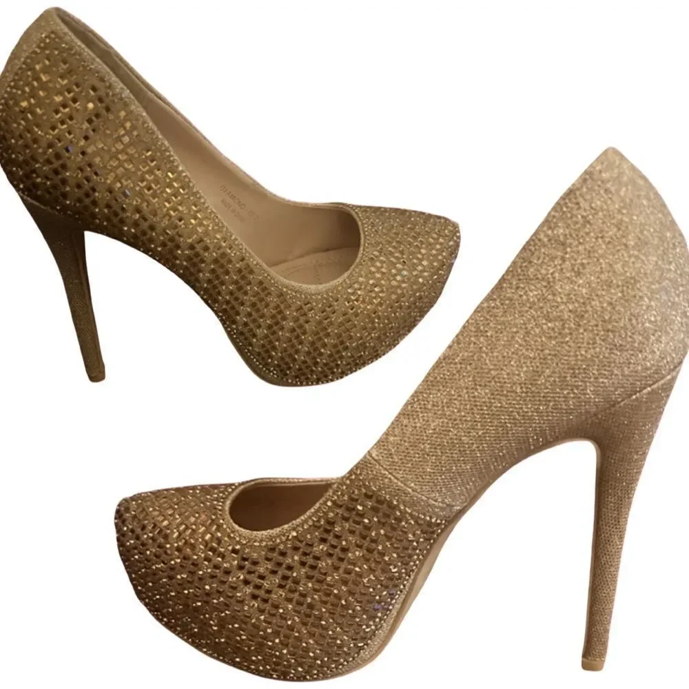 🛍️ Gold rhinestone glitter platform slip on stiletto high heel pumps size 7.5